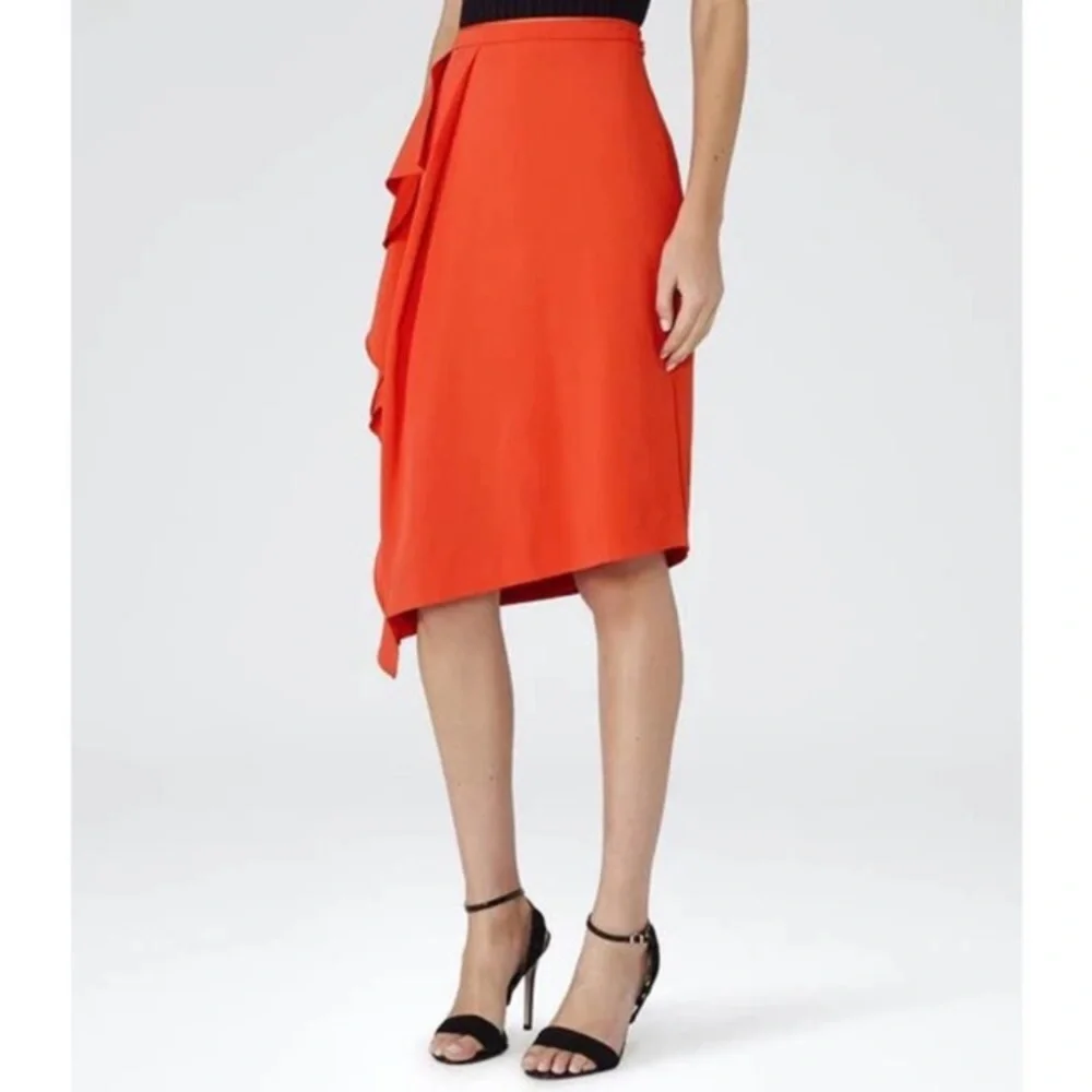 REISS Dita Waterfall Draped Crepe Skirt Bold Orange Asymmetrical Midi Womens 8 - Picture 5 of 13